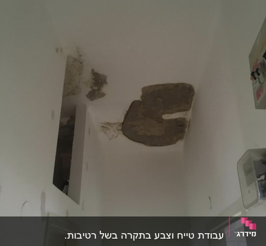 קילופי צבע וטיח בתקרה ותיקוני שפכטל בקירות במסדרון לפני צביעה